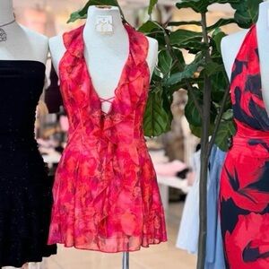 Pink and Orange Boutique Mini Halter Dress Small, Floral Abstract Print, Ruffle